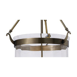 Close-up of the Aubrey 4 Light E14 Pendant Light in antique brass, showing the brushed metal band securing a clear glass shade beneath the ceiling rods.