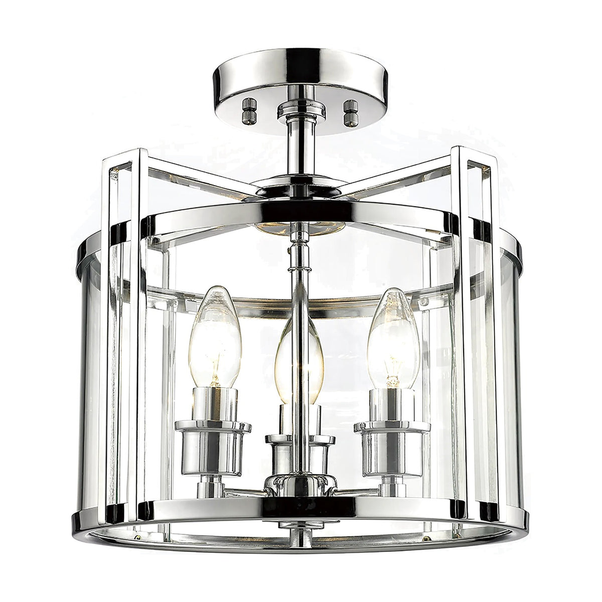 Eaton 3 Light Drum Semi Flush Ceiling Light in polished chrome, with clear glass panels around three candle bulbs, shown against a plain white background.