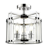 Eaton 3 Light Drum Semi Flush Ceiling Light in polished chrome, with clear glass panels around three candle bulbs, shown against a plain white background.