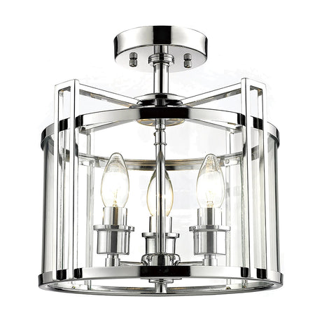 Eaton 3 Light Drum Semi Flush Ceiling Light in polished chrome, with clear glass panels around three candle bulbs, shown against a plain white background.