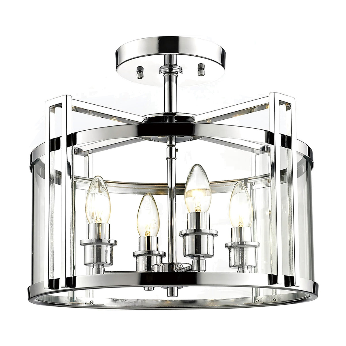 Eaton 4 Light Drum Semi Flush Ceiling Light in polished chrome, with clear glass panels and four exposed candle bulbs on an open frame, shown on a white background.