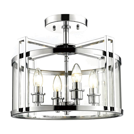 Eaton 4 Light Drum Semi Flush Ceiling Light in polished chrome, with clear glass panels and four exposed candle bulbs on an open frame, shown on a white background.