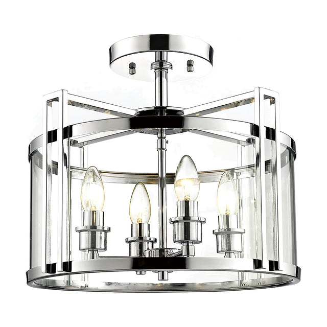 Eaton 4 Light Drum Semi Flush Ceiling Light in polished chrome, with clear glass panels and four exposed candle bulbs on an open frame, shown on a white background.