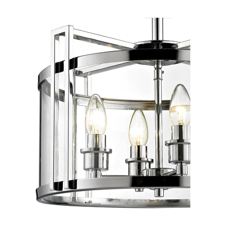 Close-up of the Eaton 4 Light E14 Semi Flush Ceiling Light in polished chrome, showing clear glass shades, candle bulbs, and geometric frame detailing.