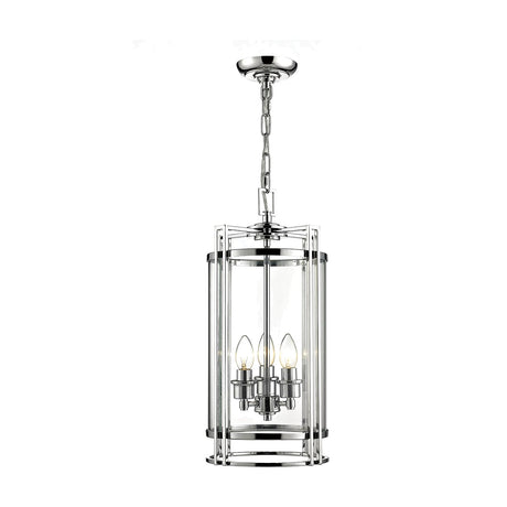 Eaton 3 Light Glass Drum Pendant Light in polished chrome, 26cm cylindrical clear glass shade with three candle bulbs, chain suspension, shown on a plain white background.