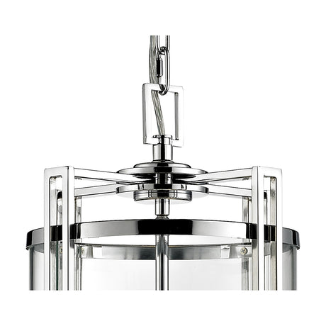 Eaton 3 Light E14 Pendant Light 26cm in polished chrome, close-up of the chain suspension, cage frame and clear glass cylinder shade against a white background.