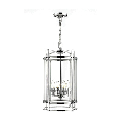 Eaton 4 Light Glass Drum Pendant Light 32cm in polished chrome, a cylindrical clear glass shade with four exposed candle bulbs on a chandelier-style frame, shown on a plain white background.