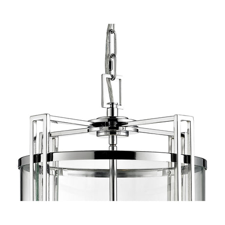 Close-up of the Eaton 4 Light E14 Pendant Light 32cm in polished chrome, showing the chain, square link, and radial arms above a clear glass shade with visible bulb, on a white background.