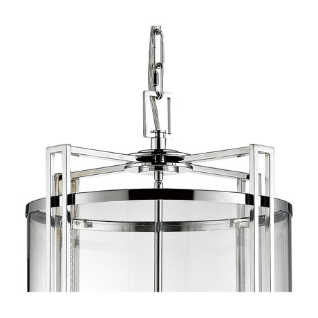 Close-up of the Eaton 6 Light E14 Pendant Light in polished chrome, showing the crossbar frame, chain, and clear glass cylinder shade against a white background.