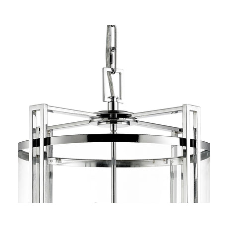 Close-up of the Eaton 12 Light E14 Pendant Light in polished chrome, showing the cage-style frame, clear glass shade edge, and chain suspension against a white background.