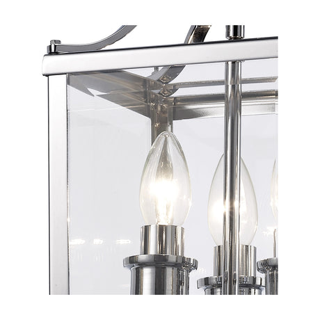 Close-up of the Aston 3 Light E14 Semi Flush Ceiling Light in polished chrome, showing clear glass panels and candle-style bulbs within the square frame.