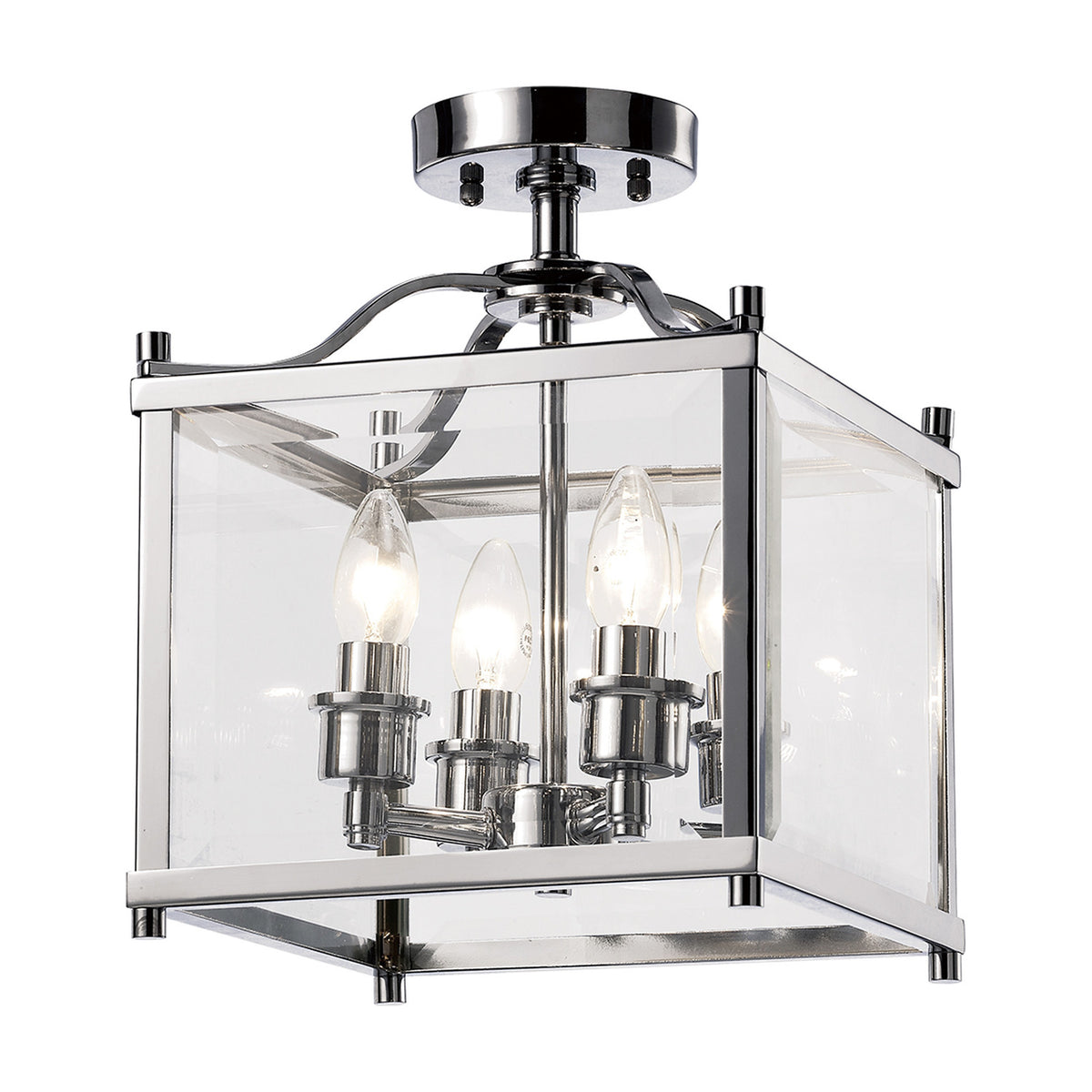 Aston 4 Light Lantern Semi Flush Ceiling Light in polished chrome, square glass-panelled lantern frame with four exposed candle bulbs, shown on a plain white background.