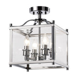 Aston 4 Light Lantern Semi Flush Ceiling Light in polished chrome, square glass-panelled lantern frame with four exposed candle bulbs, shown on a plain white background.