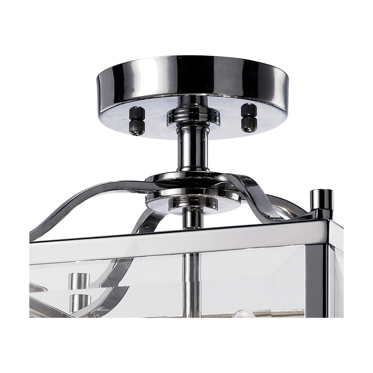 Aston 4 Light Lantern Semi Flush Ceiling Light in polished chrome, close-up of the round ceiling plate, curved arms and clear glass lantern top on a white background.