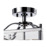 Aston 4 Light Lantern Semi Flush Ceiling Light in polished chrome, close-up of the round ceiling plate, curved arms and clear glass lantern top on a white background.