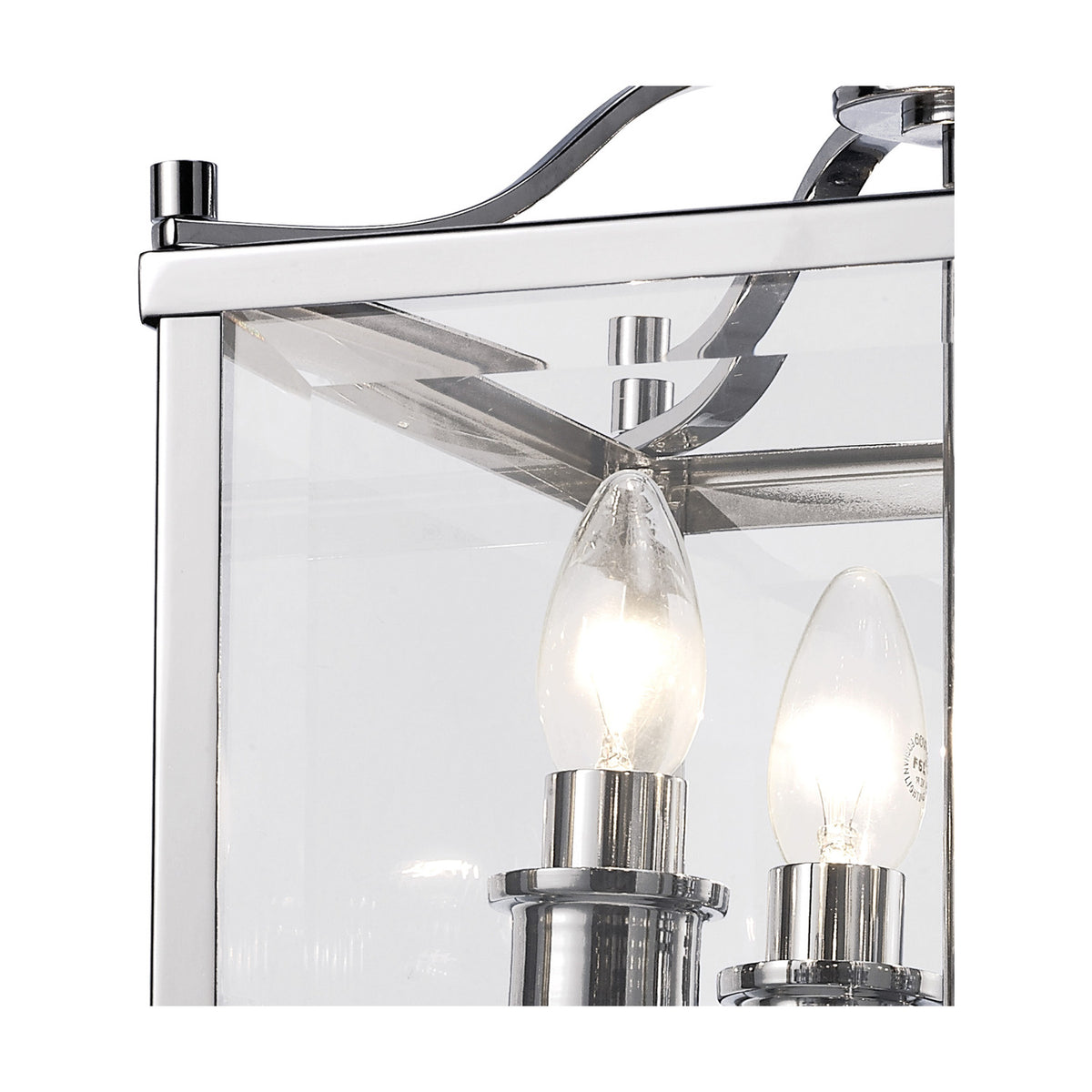 Close-up of the Aston 4 Light Lantern Semi Flush Ceiling Light in polished chrome, showing clear glass panels, candle lamps, and chrome fixings against a white background.