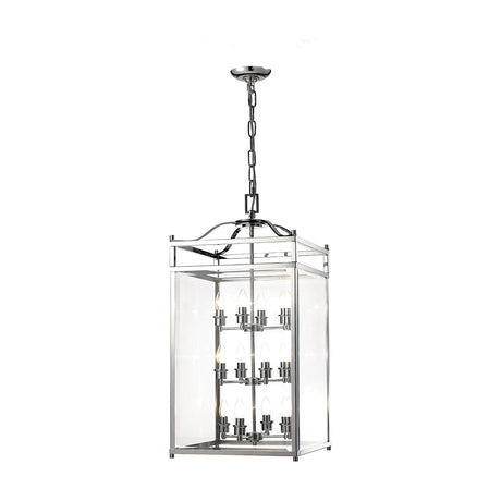 Aston 12 Light Glass Lantern Pendant Light 47cm in polished chrome, square glass-panelled frame with tiered candle lamps, shown on a plain white background.