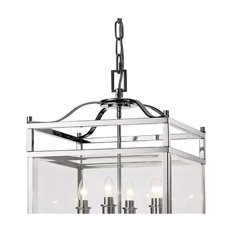 Aston 12 Light E14 Pendant Light in polished chrome, square glass-panelled frame with visible candle bulbs and chain suspension, shown against a plain white background.