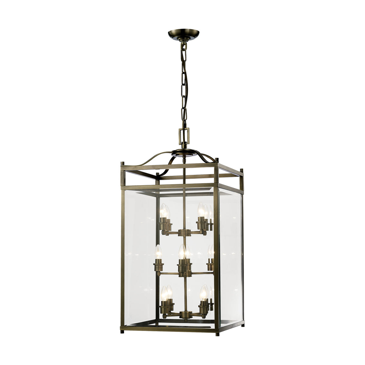 Aston 12 Light E14 Pendant Light in antique brass, a rectangular glass-panelled lantern-style fixture with three tiers of candle bulbs on a chain suspension, shown on a plain white background.