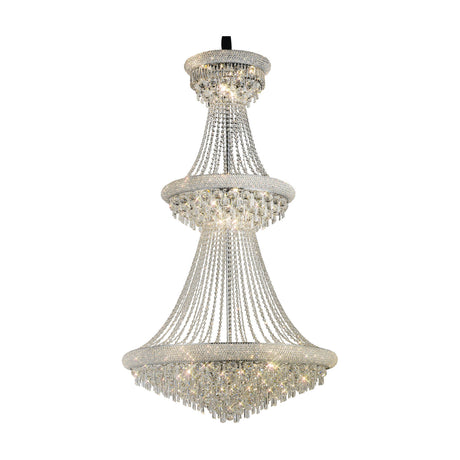 Alexandra 29 Light E14 Chandelier, a three-tier crystal fixture on a polished chrome frame with cascading strands, shown on a plain white background.