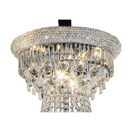 Alexandra 29 Light E14 Chandelier, 93cm, with tiered clear crystal strands on a polished chrome frame, lit bulbs visible within the crystal, shown on a white background.
