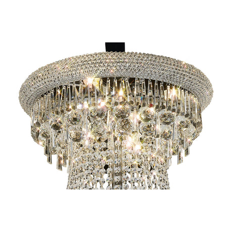 Alexandra 37 Light E14 Chandelier, a wide polished chrome frame with tiered clear crystal strands and ball drops, shown against a plain white background.