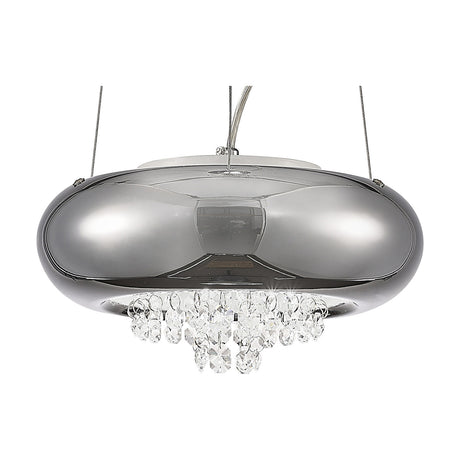 Phyllis 2 Light G9 Pendant Light 25cm in polished chrome, oval smoked glass shade with clear crystal drops beneath, shown on a plain white background.