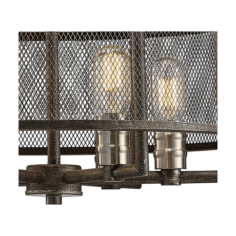 Close-up of the Parker 6 Light E27 Pendant Light 55cm in weathered zinc, showing exposed bulbs with brushed nickel sockets inside an industrial mesh cage shade.