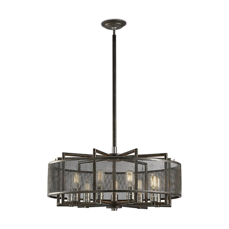 Parker 9 Light E27 Pendant Light 70cm in weathered zinc, a round drum-style fixture with exposed bulbs and brushed nickel details, shown on a long rod suspension.