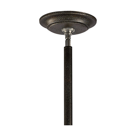 Close-up of the Parker 9 Light E27 Pendant Light in weathered zinc, showing the textured grey ceiling canopy, brushed nickel fitting, and adjustable rod, on a plain white background.