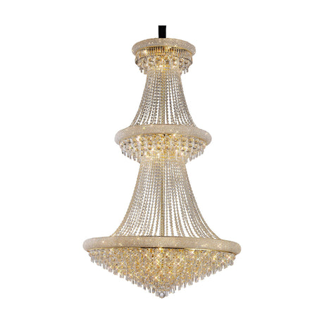 Alexandra 37 Light E14 Chandelier in gold with three tiers of clear crystal strands and beaded rings, photographed against a plain white background.