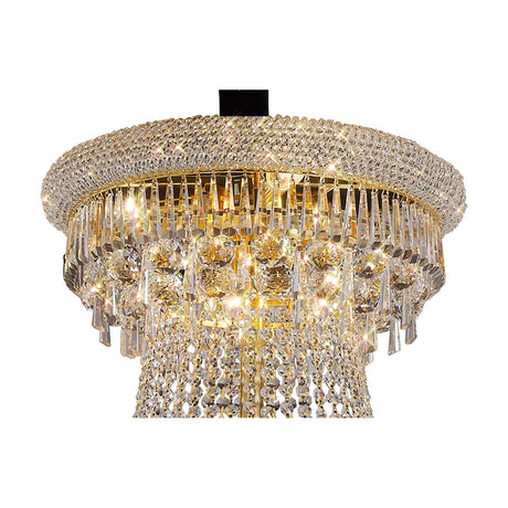 Alexandra 37 Light E14 Chandelier in a round gold frame with tiered clear crystal strands and beaded rim, photographed against a plain white background.