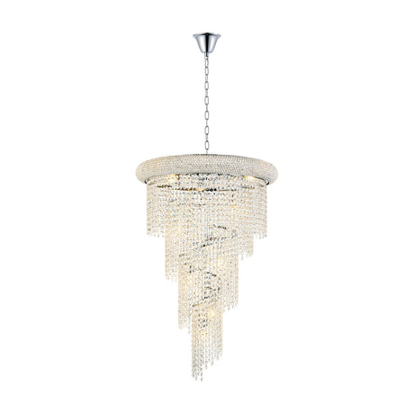 Alexandra 14-light E14 spiral chandelier, 60cm, polished chrome with round crystal-banded frame and tiered clear crystal strands, hung on chain against white background.