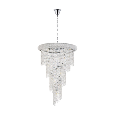 Alexandra 14 Light E14 Spiral Chandelier 60cm in polished chrome, with a round crystal-beaded frame and cascading tiers of clear crystal strands, shown on a plain white background.
