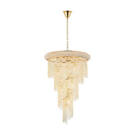 Alexandra 14 Light E14 Spiral Chandelier 60cm in gold, with clear crystal strands winding in a tiered spiral from a round frame, suspended on a chain against a plain white background.
