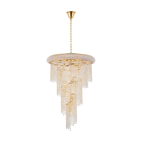 Alexandra 14 Light E14 Spiral Chandelier 60cm in Gold, featuring clear crystal drops wound in a tiered spiral from a round gold frame, shown on a plain white background with hanging chain.