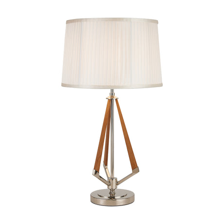 Hilton E27 Table Lamp 40cm in polished nickel with tripod wood legs and a pleated white fabric drum shade, shown on a plain white background.