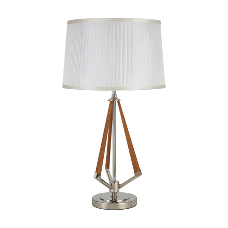 Hilton E27 Table Lamp 40cm in polished nickel with tripod wood legs and a pleated white drum shade, shown on a plain white background.