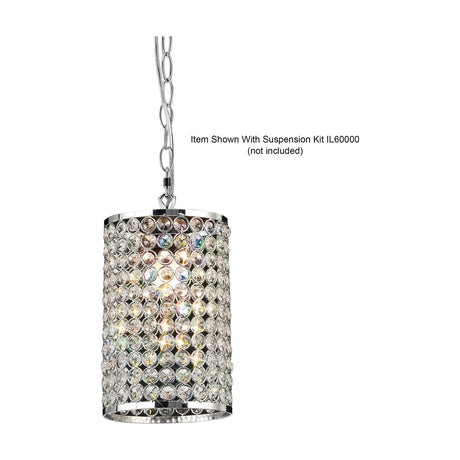 Kudo Cylinder Lamp Shade 15cm in clear crystal and polished chrome, hung on a chain suspension kit against a plain white background, illuminated to show the beaded texture.