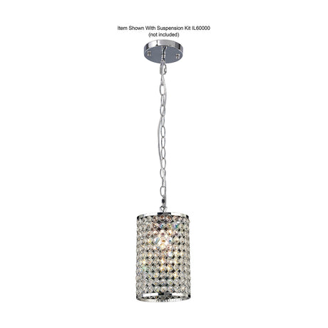 Kudo Cylinder Lamp Shade 15cm in clear crystal and polished chrome, shown suspended by chain and ceiling rose on a suspension kit against a white background.