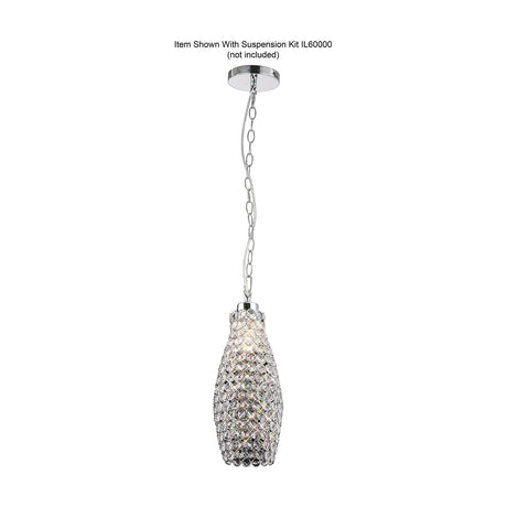 Kudo Lamp Shade 13cm Crystal in Polished Chrome, a small teardrop-shaped pendant shade with faceted crystal beading, shown suspended on a chain from a chrome ceiling rose on a white background.