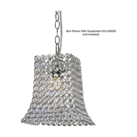 Kudo curved lamp shade, 22cm, trapezium-shaped with clear crystal beading on a polished chrome frame, shown suspended on a chain against a plain white background.