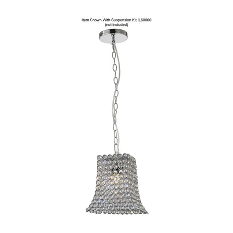 Kudo curved trapezium lamp shade, 22cm, clear crystal on polished chrome frame, shown suspended on chain from a chrome ceiling rose against a plain white background.