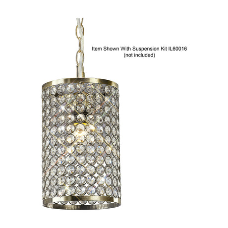 Kudo Cylinder Lamp Shade 15cm in clear crystal with antique brass trim, shown suspended on a chain with suspension kit against a plain white background.