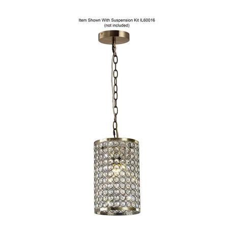 Kudo Cylinder Lamp Shade 15cm in clear crystal with antique brass trim, shown suspended on a chain from a ceiling rose against a plain white background.