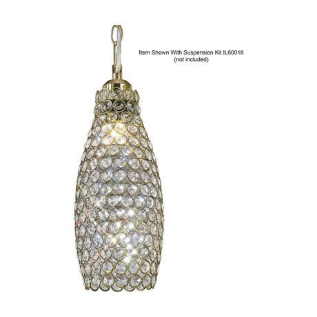 Kudo Lamp Shade 13cm in clear crystal with antique brass fitting, a slim upright column shape shown on a suspension kit against a plain white background.