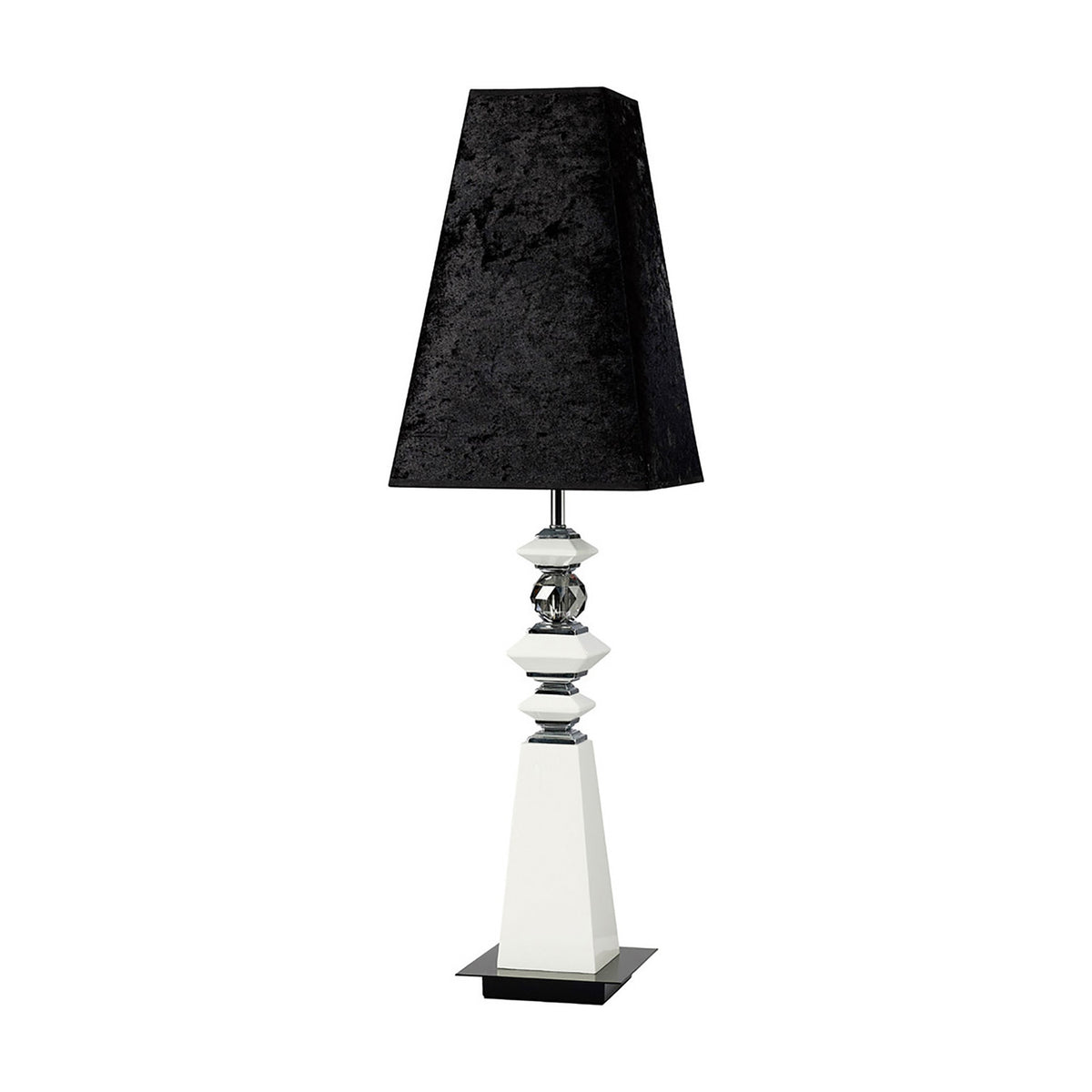E27 Crystal Table Lamp with white tiered column, polished chrome accents, black square tapered shade, and square base, shown on a white background.