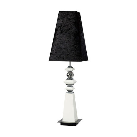 E27 Crystal Table Lamp with white tiered column, polished chrome accents, black square tapered shade, and square base, shown on a white background.