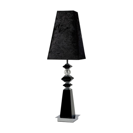 E27 crystal table lamp with polished chrome column, tapered black shade, and mirrored square base, shown on a plain white background.