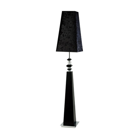 Galata E27 floor lamp with a tapered black gloss base, stacked crystal and polished chrome column, and a black fabric tapered shade, shown on a plain white background.
